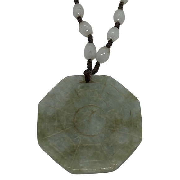 White Glass Bead 22" Necklace Green Nephrite Jade Carved Octagonal Pendant China - Picture 6 of 16